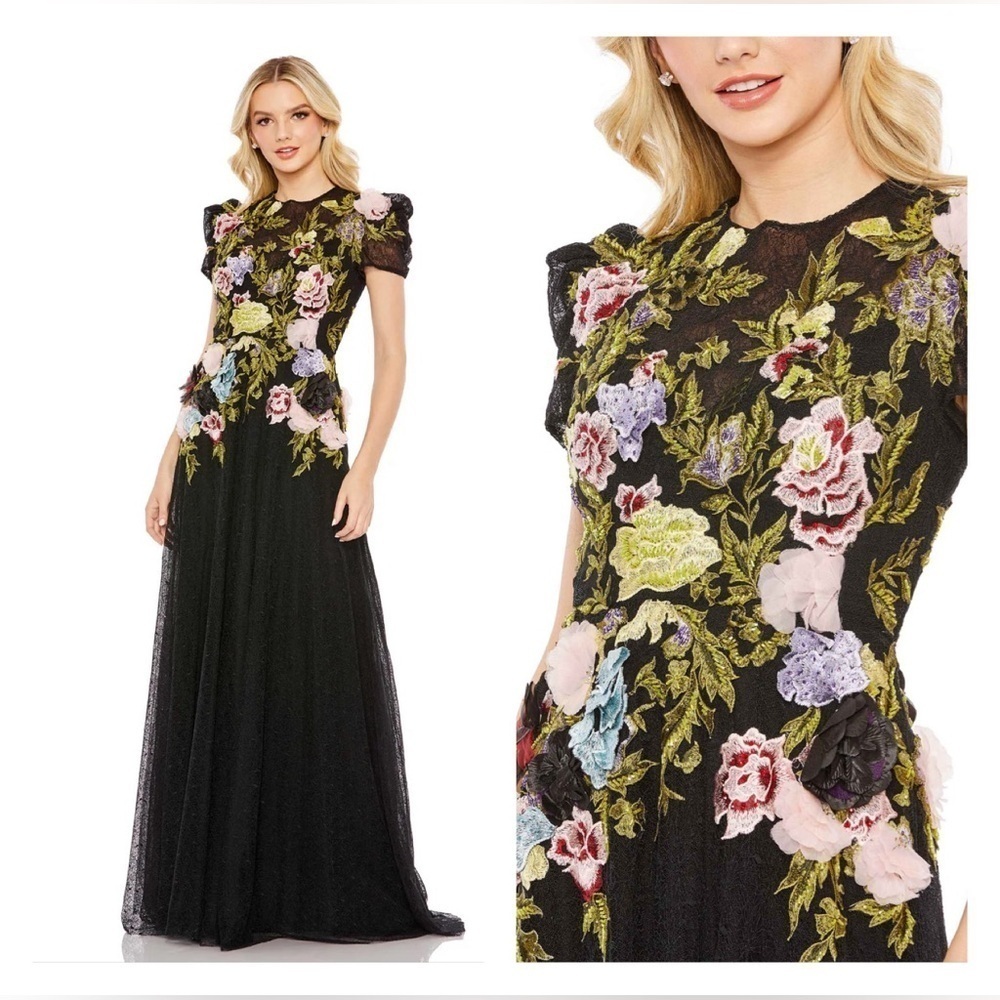 Mac Duggal 11411 NWT Elegant Black Floral Evening Gown